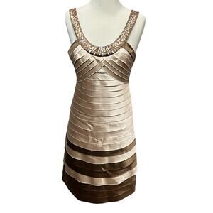 BCBGmaxazria Dress Womens S Champagne Brown Satin Sequin Cocktail Glam HOCO NWT